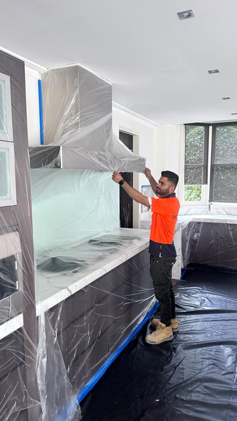 Kitchen respray, masked up, painted by Mak Paints in Melbourne
